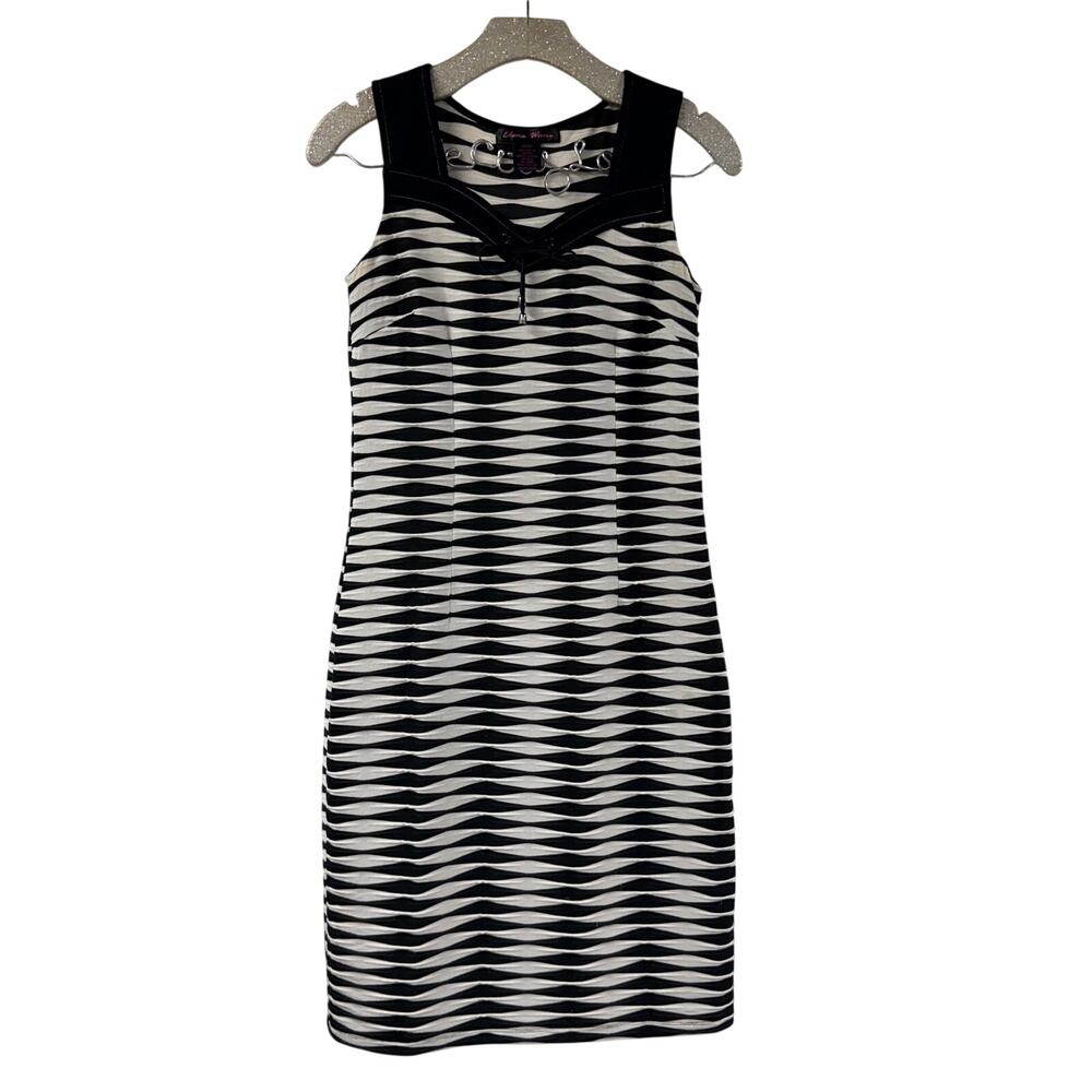 Elena Wang Dress XS Geometric Illusion Black White Knee Length Y2K